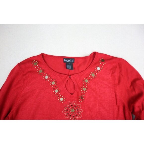 WEST END - WOMEN'S RED 3/4 SLEEVE BEADED PULLOVER SWEATER - SIZE M - Picture 4 of 9